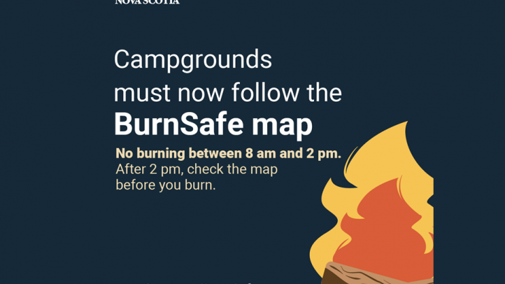 Image has text that says Campgrounds must now follow the BurnSafe map and has an image of a campfire.