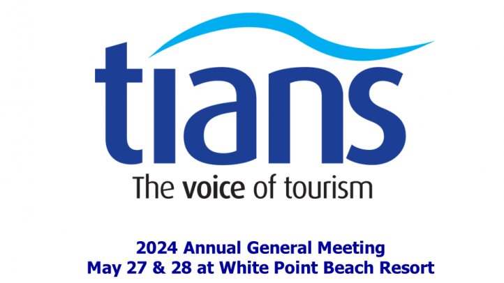Slide image with Tourism Industry Association of Nova Scotia logo and text below it saying 2024 Annual General Meeting will be at White Point Beach Resort on May 27 and 28.