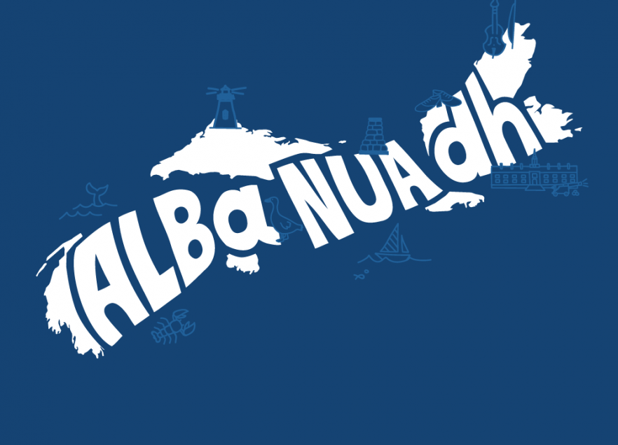 A graphic of the map of Nova Scotia with the words Alba nua dh across it. 