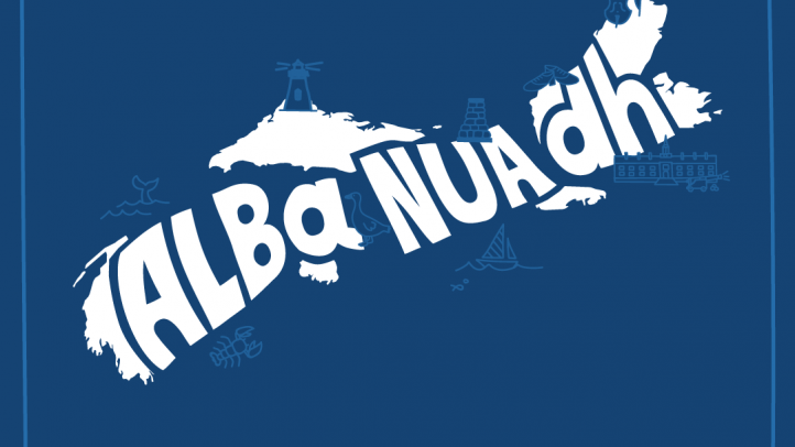 A graphic of the map of Nova Scotia with the words Alba nua dh across it. 