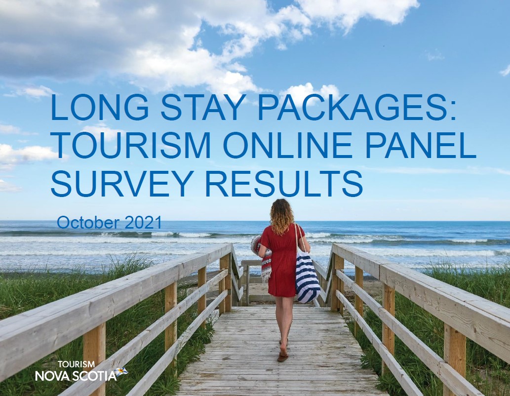 Long-stay Packages Tourism  Online Panel Survey Results report cover. Image of a woman in a red dress walking on a boardwalk toward the beach.