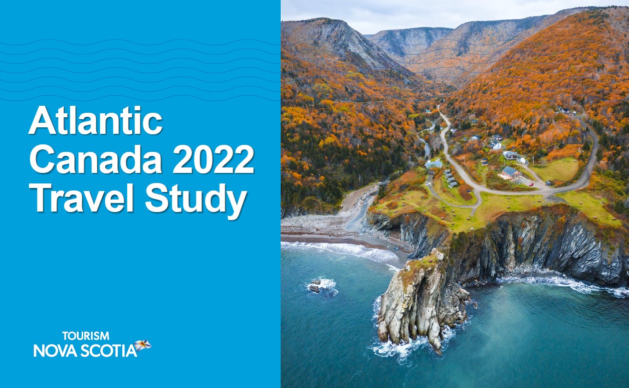 Blue background with title: Atlantic Canada 2022 Travel Study. On the right is an image of the Meat Cove campground in fall.