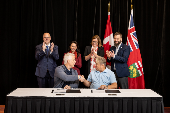 Signing agreement presentation at Rendez-vous Canada with Minister of Communities, Culture, Tourism and Heritage for the Government of Nova Scotia, Dave Ritcey, Minister of Women and Gender Equality and Secretary of State (Small Business and Tourism) Rechie Valdez, Marsha Wadden, DC Sebastien Benedict, Pres CEO TIAC Caroline Seguin, DC, Jason Sarracini, Landsby, and Richard Arnold with Atlantic Tours. 