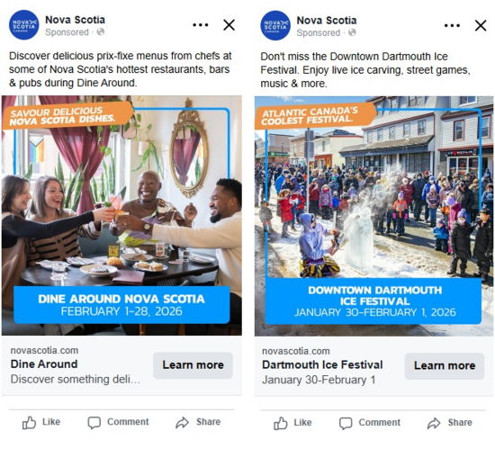 Social media advertisements for Nova Scotia activities in winter. 