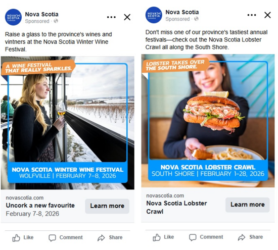 Social media advertisements for Nova Scotia activities in winter. 