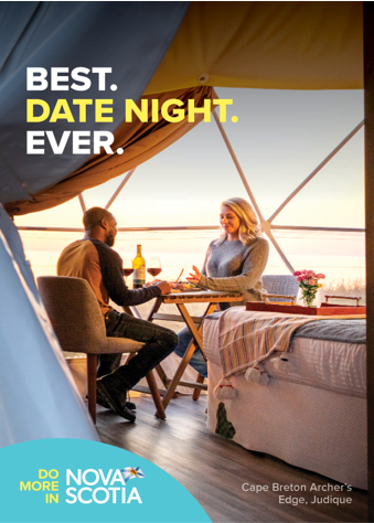 Couple dining in geodesic dome. Text reads: Best date night ever.