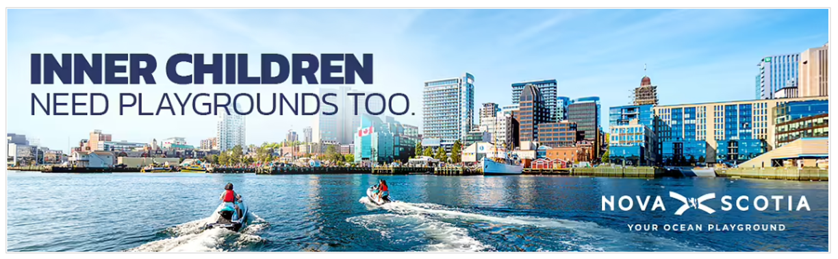 Image of people riding jet skis in Halifax Harbour. Text reads Inner children deserve playgrounds too.