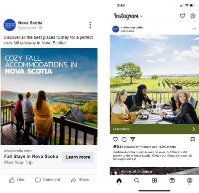 Examples of social media ads for the Ontario fall campaign