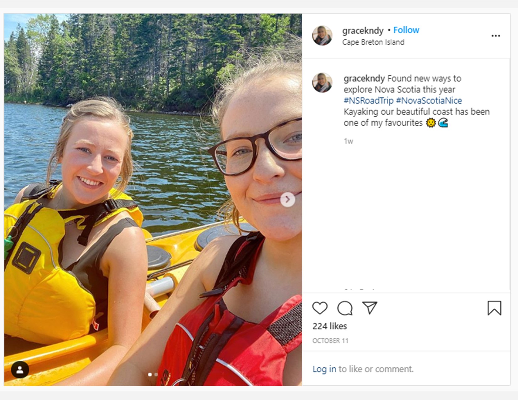 Grace Kennedy selfie while kayaking posted on instagram