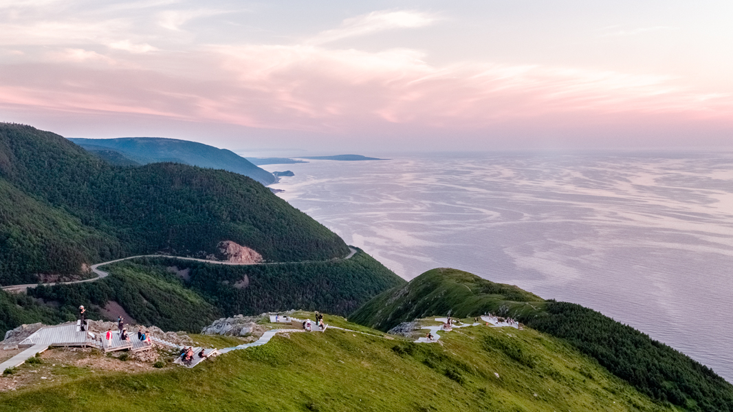 View of the Cabot Trail from the Skyline Trail at sunset in Cape Breton Highlands National Park