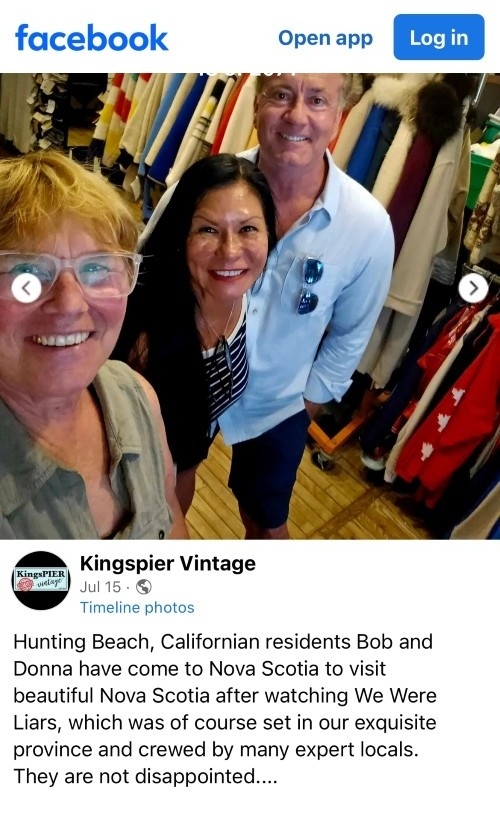 Visitors pose for a Facebook social post with KingsPIER Vintage. The post talks about how the show We Were Liars was what brought the visitors to Nova Scotia.