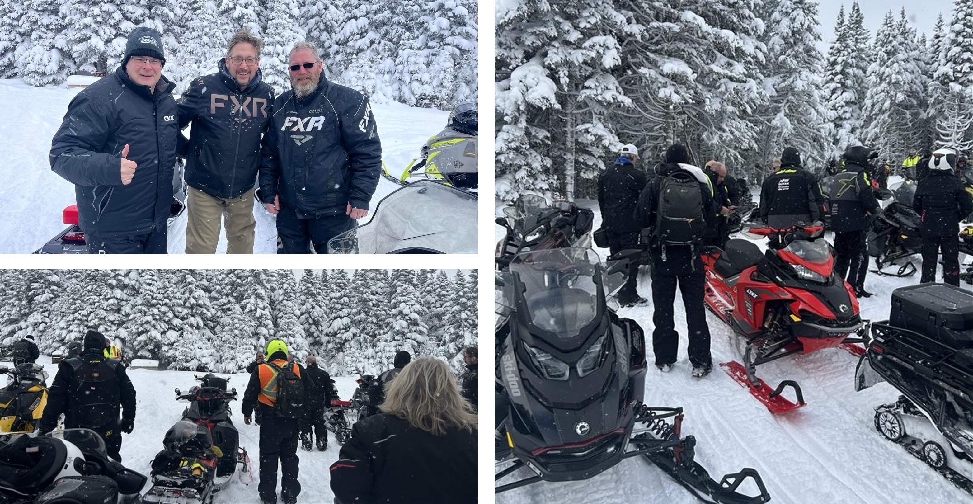 Minister Ritcey, Minister Boudreau and Turk Tower are outside in the winter and dressed for snowmobiling. 