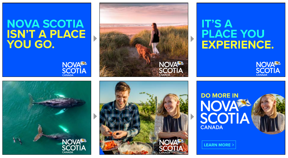 Six square images: blue box with text that reads Nova Scotia isn't a place you go; image of a woman and dog walking on a beach at sunset; blue box with text that reads It's a place you experience; aerial image of two whales; image of a man and woman cracking lobster at a table in a vineyard; blue box with text Do More in Nova Scotia Canada.