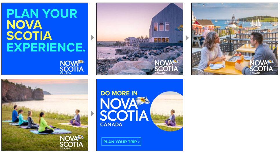 Grid of five square images: blue box with text that reads plan your Nova Scotia experience; image of Quarterdeck resort lodge on the beach; image of a man and woman eating at a table on a balcony overlooking a harbour filled with sailboats; image of a group practicing yoga on a cliff overlooking the water; blue box with text that reads Do More in Nova Scotia Canada.