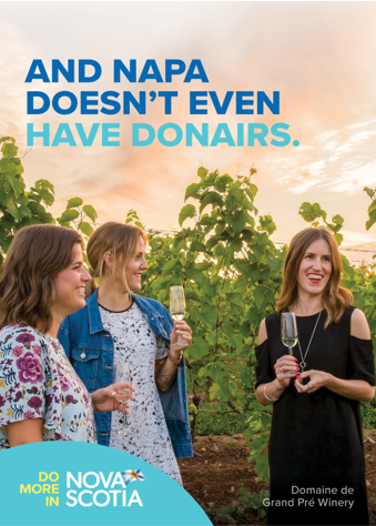 Three women in a vineyard. Text reads: Napa doesn't even have donairs.