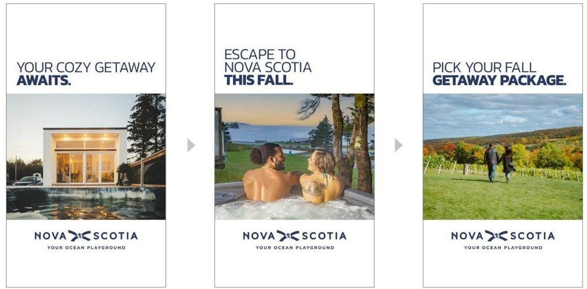Three images - one displaying a white square hotel building, one displaying two people in a hot tub, and one displaying two people in a field
