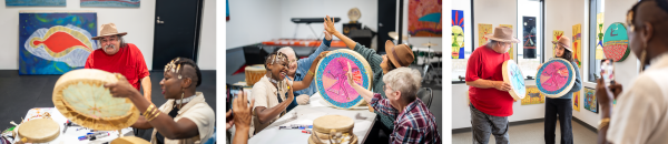 Three pictures of the Alan Syliboy Drum Painting Experience. 