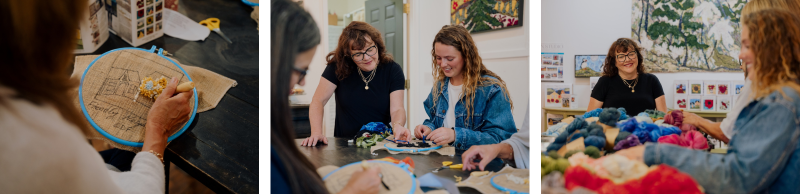 A collection of three images of people learning to do rug-hooking.