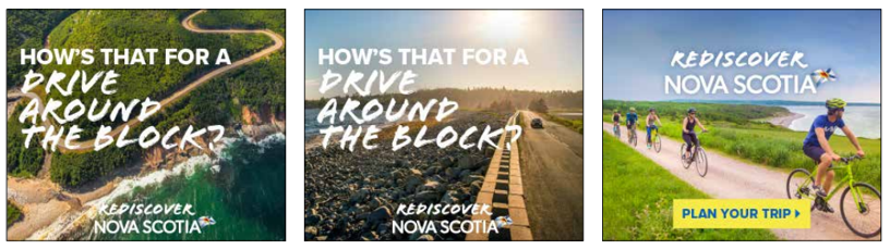 Story board of Rediscover Nova Scotia Digital Ad with images of Cabot Trail, a beach, and cycling along the shore.