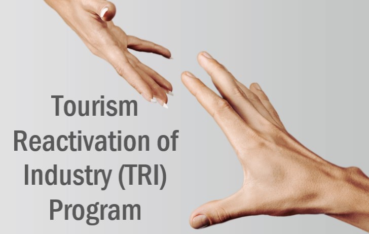 Two hands reaching for each other. Text reads: Tourism Reactivation of Industry Program