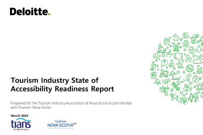 Slide deck title slide for the Tourism Industry State of Accessibility Readiness Report with a collage of little green tourism icons on the right hand side of the image. 