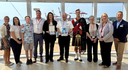 A group photo with the Captain of the Viking Vela, Discover Halifax, Atlantic Cruise Association and Tourism Nova Scotia.