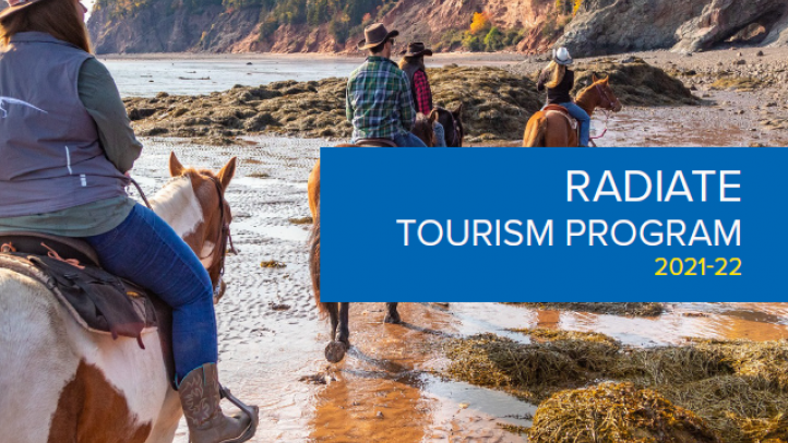 Line of people riding horses on the beach. Text reads: RADIATE Tourism Program 2021-22