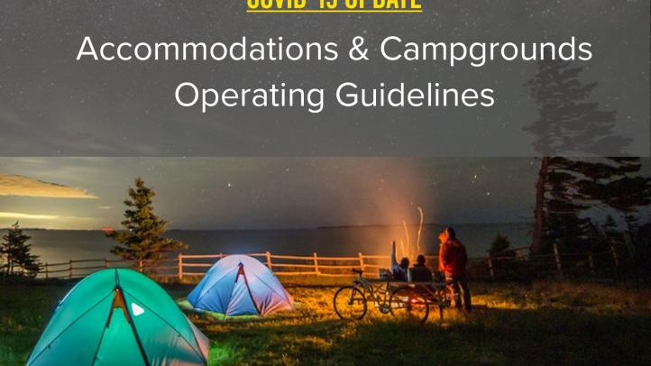 Image of two tents near people gathered at a campfire at night. Text reads: COVID-19 Update Accommodations & Campgrounds Operating Guidelines