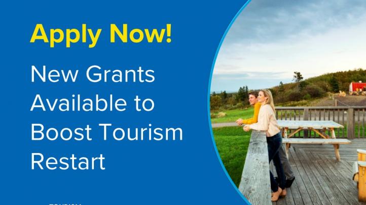 Blue background with circular image of a man and woman looking out from a deck at a cottage. Text reads: Apply Now! New Grants Available to Boost Tourism Restart