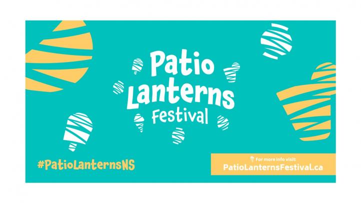 Bright green background with white and orange graphics of drinks and treats. Text reads: Patio Lanterns Festival