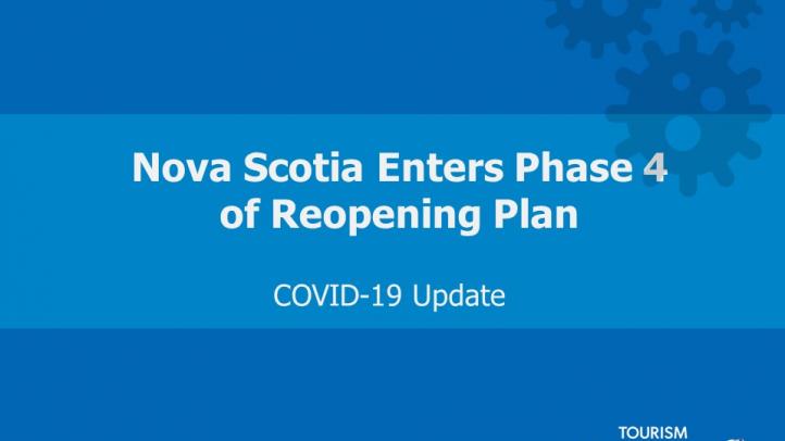 Blue background with graphics of virus. Text reads: Nova Scotia Enters Phase 4 of Reopening Plan COVID-19 update