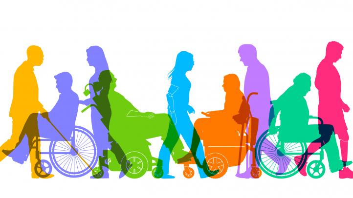 Multi-colour graphic showing people walking with cane, using wheelchairs, walking with a prosthetic leg