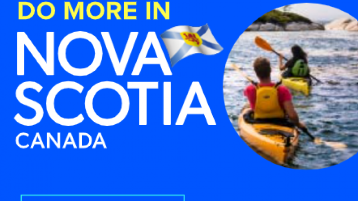 Blue background wit text Do More in Nova Scotia Canada Plan your trip. Circular image on right shows two people kayaking.