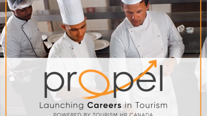 Three men in white chef uniforms in kitchen. Text reads: Propel Launching Careers in Tourism