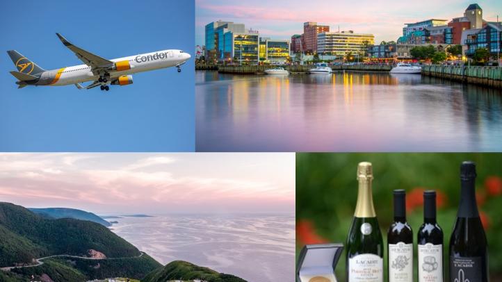 Collage of four images - Condor Airline, Halifax waterfront, Cape Breton Highlands, Lt. Governor's Award of Excellence medal with four wine bottles.