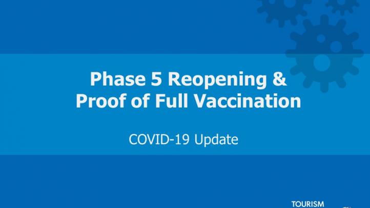 Dark blue box with light blue bar and graphics of coronavirus in top right corner. Text reads: Phase 5 reopening and proof of full vaccination. COVID-19 Update