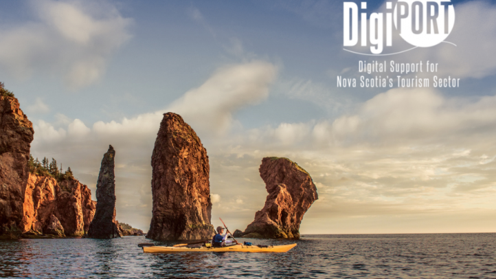 Person kayaking in the Bay of Fundy near flower pot rocks. DigiPort logo is in the top right corner.
