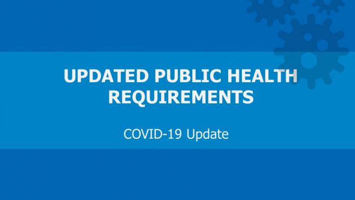 Blue background with virus icons in top right corner. Text reads: Updated Public Health Requirements