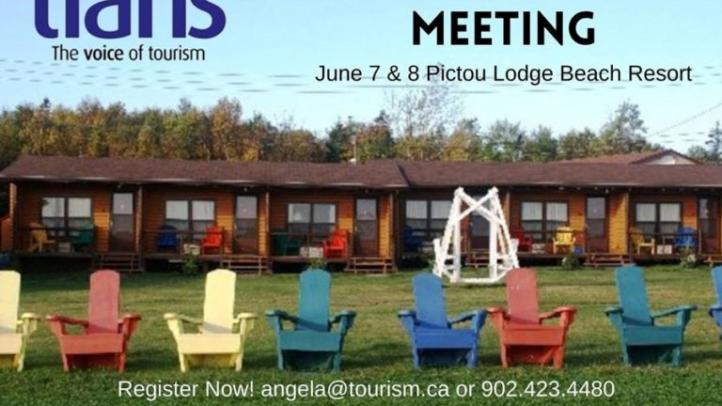 Adirondack chairs outside Pictou Lodge. Text reads TIANS Annual General Meeting