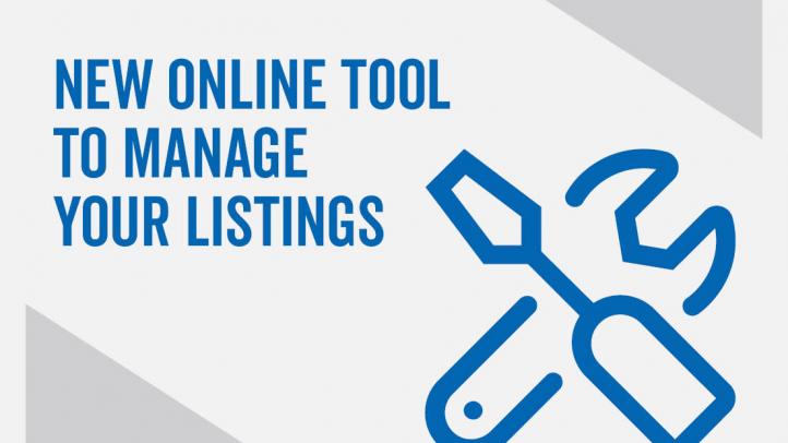 New online tool to manage your listings. Icon of screw driver crossed over a wrench.