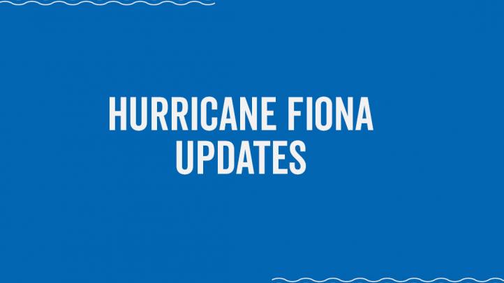 Blue background with white waves in corners. Text reads Hurricane Fiona Updates