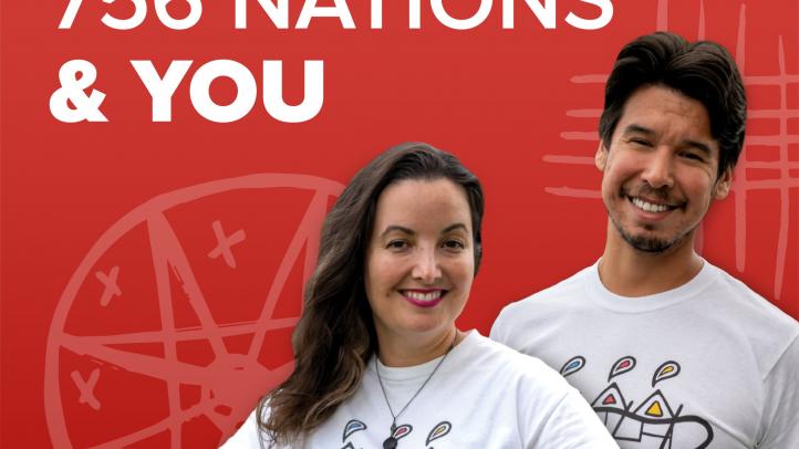 A man and woman in NAIG 2023 t-shirts with a red background. Text reads 5,000 Athletes 756 Nations & YOU. Volunteer.