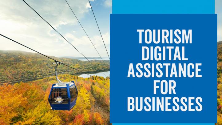 Image of the Cape Smokey gondola in fall. Text in a blue box reads: Tourism Digital Assistance for Businesses.