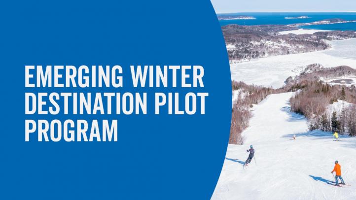 Two people skiing at Cape Smokey. Text in blue box reads Emerging Winter Destination Pilot Program
