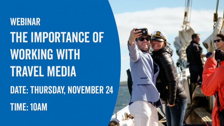 Image of a man and woman taking a selfie on the Bluenose II while other media take photos. Text reads: Webinar The Importance of Working with Travel Media Date