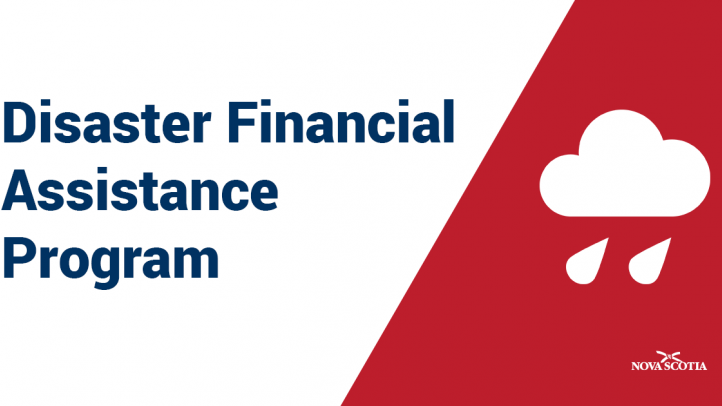 Dark blue text saying Disaster Financial Assistance Program beside a while cloud over a red background