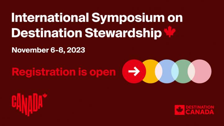 Text saying International Symposium on Destination Stewardship in white text in front of a dark red background
