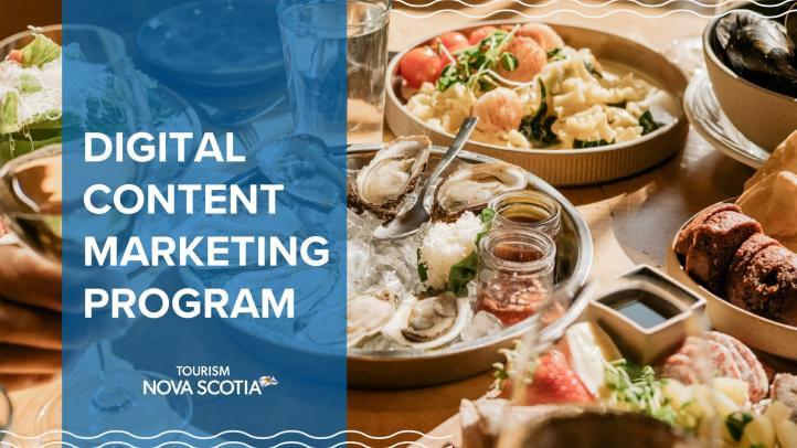 Digital Content Marketing Program text overan image of food including wine and oysters