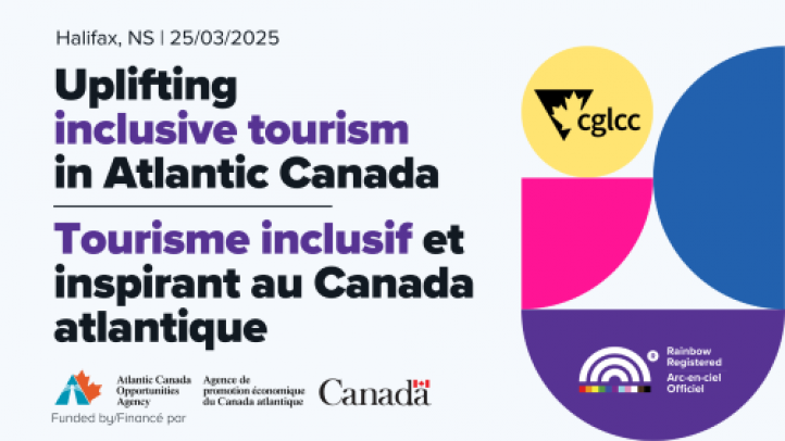 A slide graphic with the headline Uplifting Inclusive Tourism In Atlantic Canada. The event takes place March 25, 2025 at the Halifax Public Library from 1pm to 4pm. 