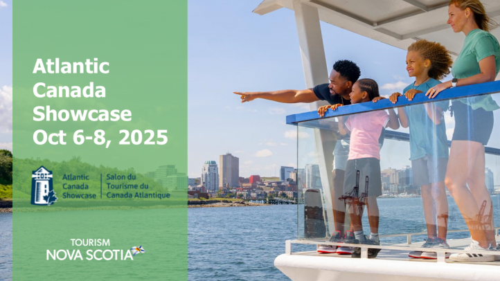A family of four on a boat in Halifax harbour. There is text on the image that says Atlantic Canada Showcase Oct. 6-8, 2025. 